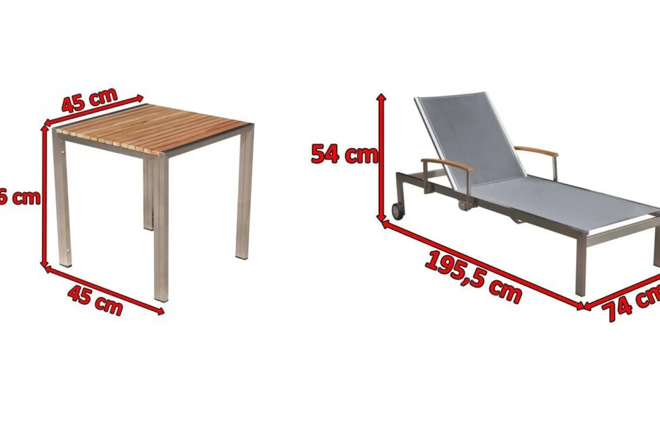 OUTFLEXX 2er-Set Sonnenliegen, silber, Edelstahl/Teak, 195,5x74x35cm, mit Beistelltisch 45x45cm, Teak Armlehnen, FSC®-zertifiziertes Produkt
