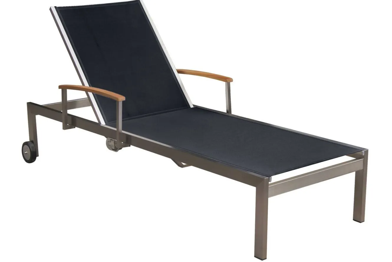 OUTFLEXX 2er-Set Sonnenliegen, schwarz, Edelstahl/Teak, 195,5x74x35cm, mit Beistelltisch 45x45cm, Teak Armlehnen, FSC®-zertifiziertes Produkt