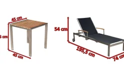 OUTFLEXX 2er-Set Sonnenliegen, schwarz, Edelstahl/Teak, 195,5x74x35cm, mit Beistelltisch 45x45cm, Teak Armlehnen, FSC®-zertifiziertes Produkt