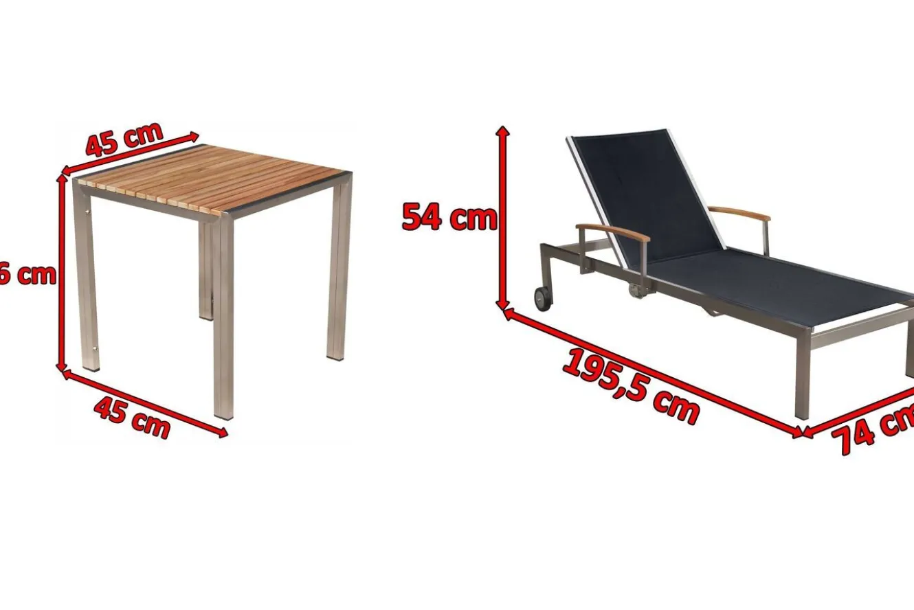 OUTFLEXX 2er-Set Sonnenliegen, schwarz, Edelstahl/Teak, 195,5x74x35cm, mit Beistelltisch 45x45cm, Teak Armlehnen, FSC®-zertifiziertes Produkt