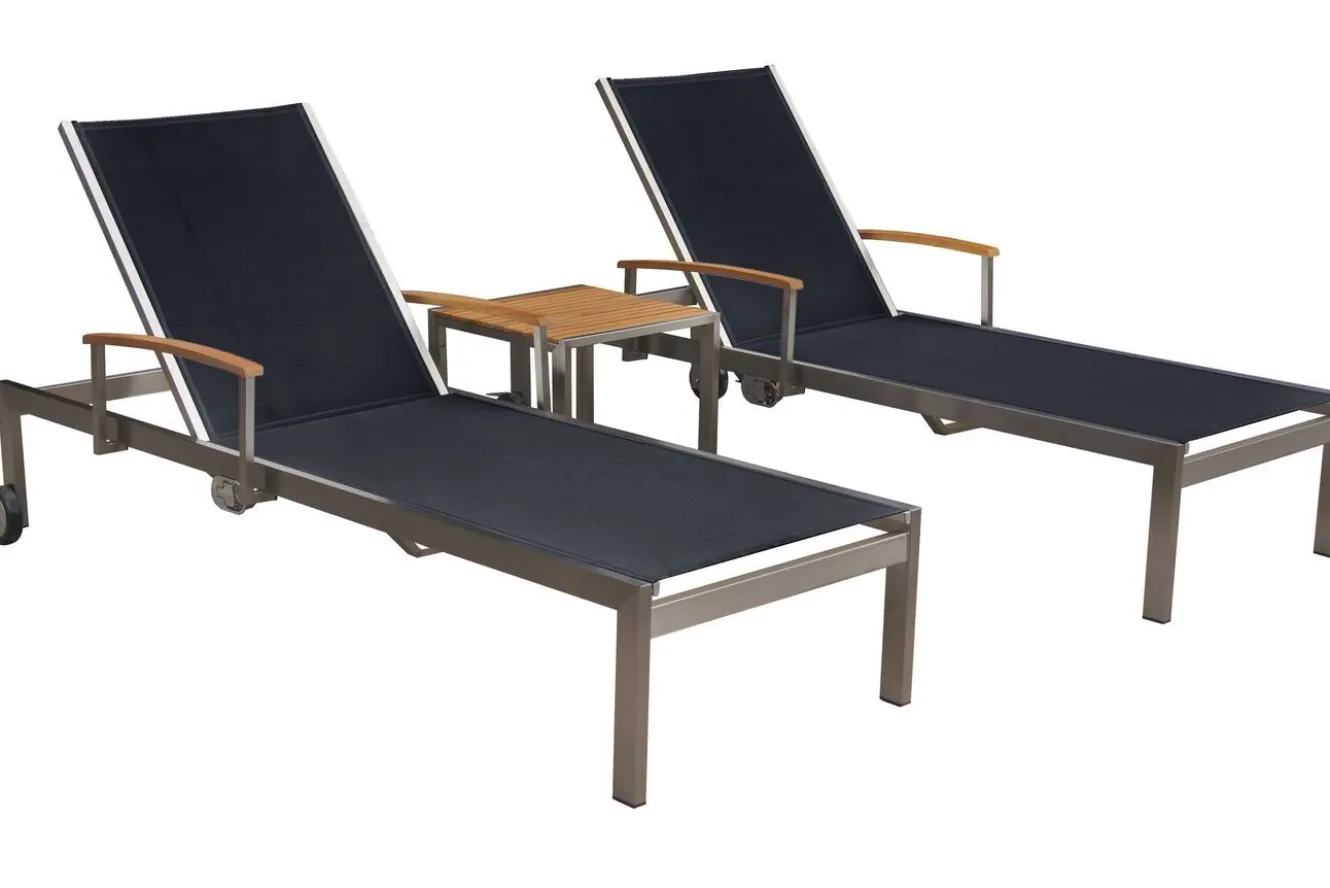 OUTFLEXX 2er-Set Sonnenliegen, schwarz, Edelstahl/Teak, 195,5x74x35cm, mit Beistelltisch 45x45cm, Teak Armlehnen, FSC®-zertifiziertes Produkt