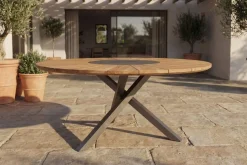 OUTFLEXX Esstisch, Edelstahl/Teakholz, Ø 170cm, inkl. drehbarer Granitplatte und Eiskühler, FSC®-zertifiziertes Produkt