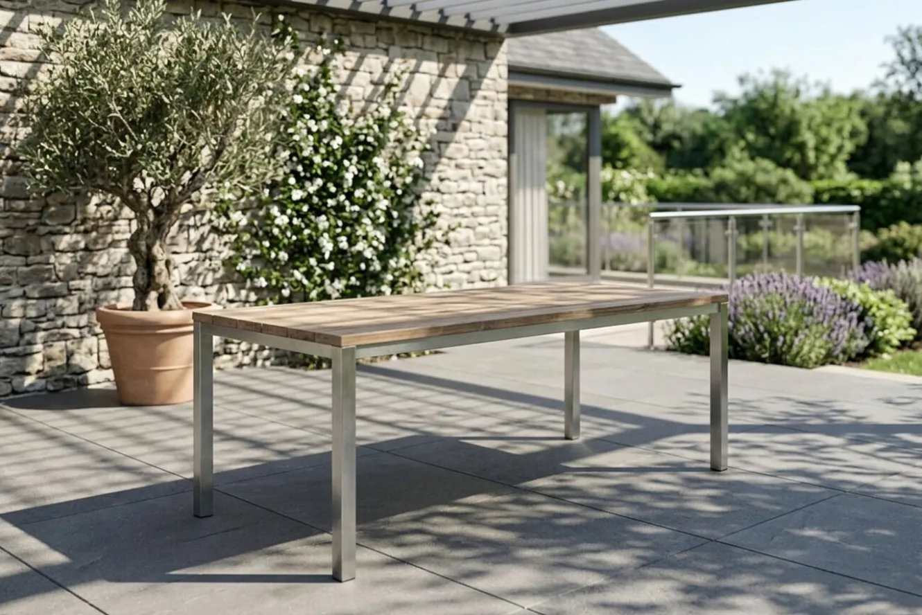 OUTFLEXX Esstisch, silber/natur, Edelstahl/ recyceltes Teak, 180x90cm, rustikal gebürstet, FSC®-zertifiziertes Produkt