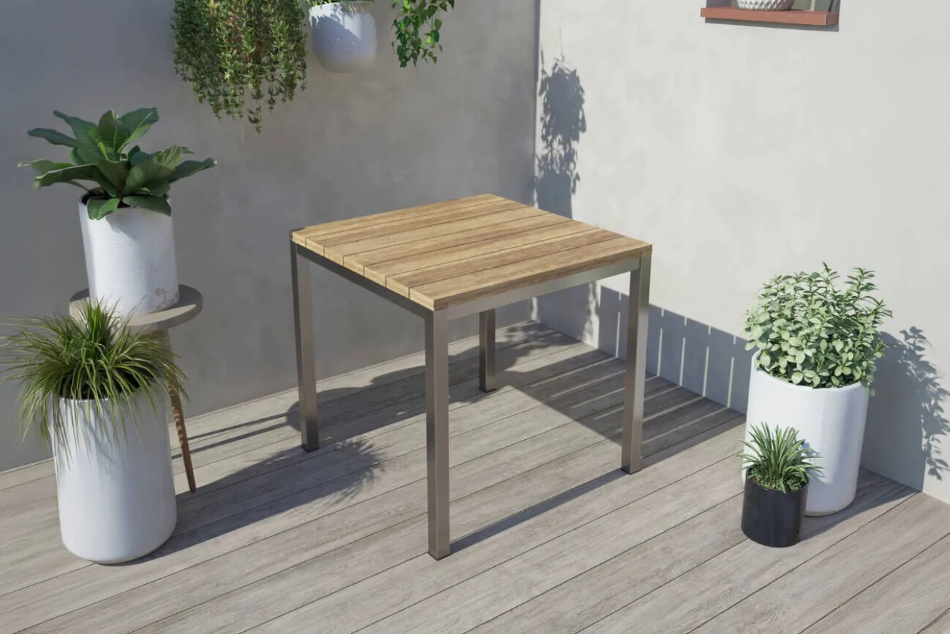 OUTFLEXX Esstisch, silber/natur, Edelstahl/ recyceltes Teak, 90x90cm, rustikal gebürstet, FSC®-zertifiziertes Produkt