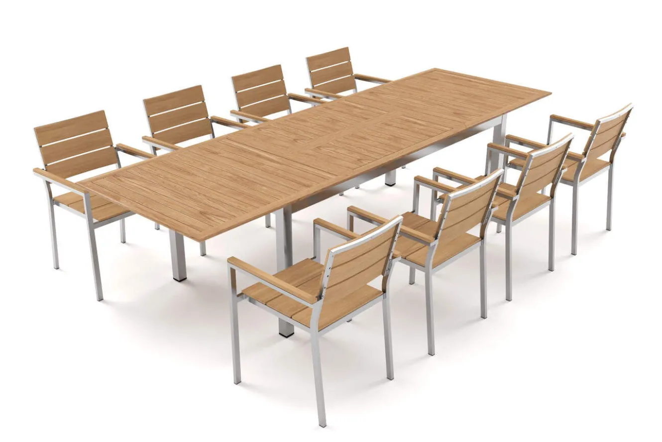 OUTFLEXX Falun Garten-Essgruppe mit 8 Sesseln, braun, Edelstahl/Teakholz, 200 x 100 cm ausziehbar, stapelbar, FSC®-zertifiziertes Produkt
