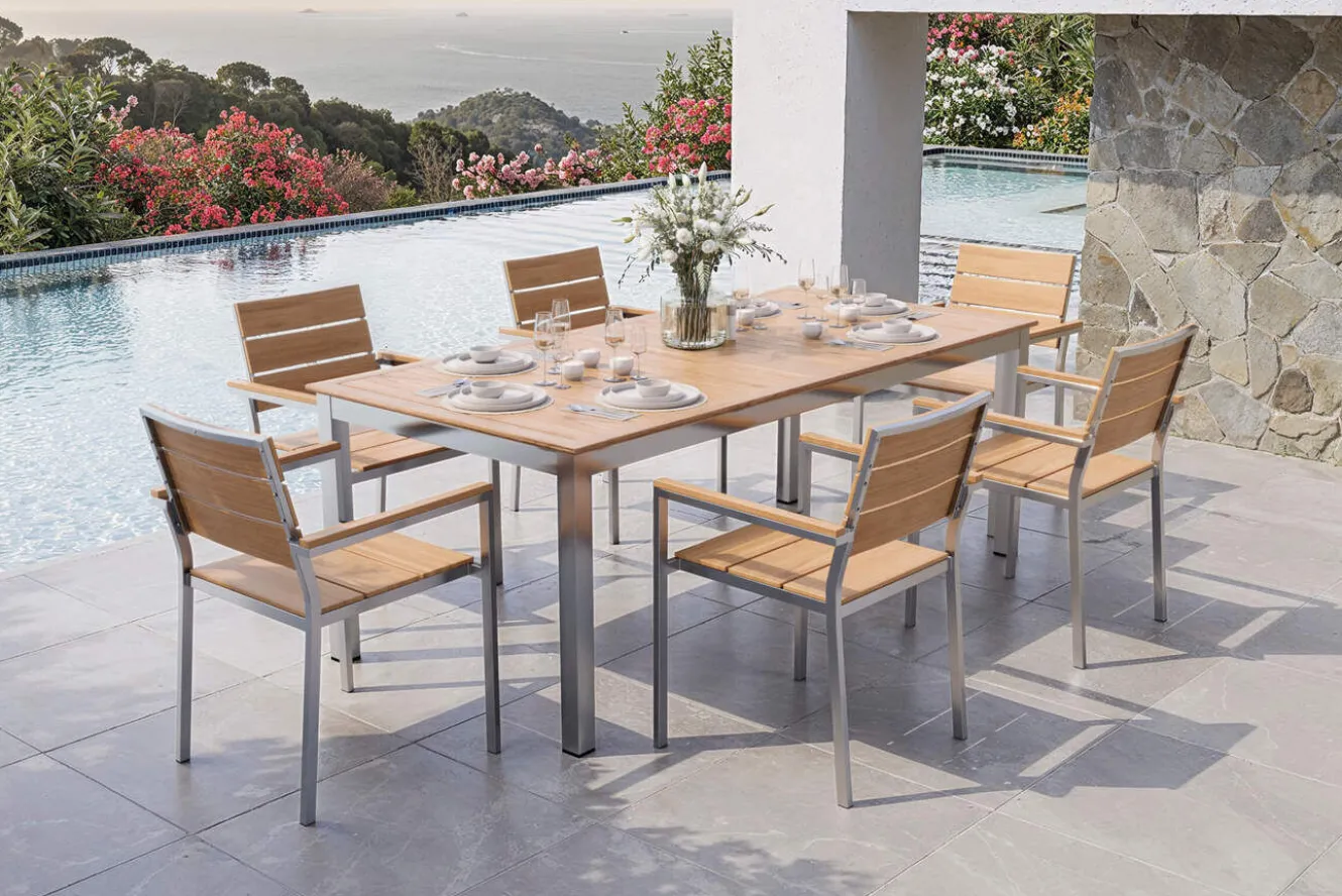 OUTFLEXX Falun Garten-Essgruppe mit 6 Sesseln, braun, Edelstahl/Teakholz, 200 x 100 cm ausziehbar, stapelbar, FSC®-zertifiziertes Produkt