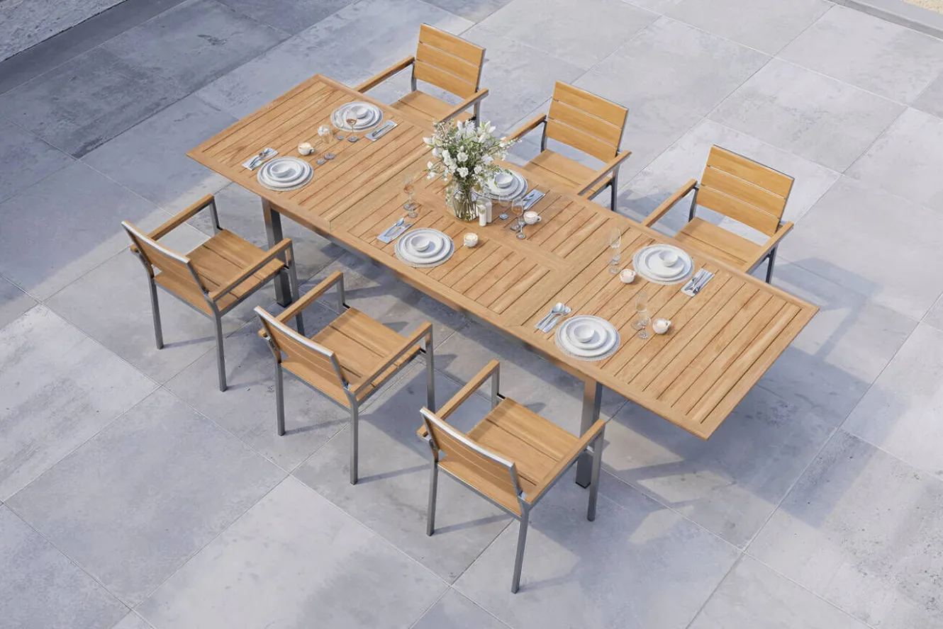 OUTFLEXX Falun Garten-Essgruppe mit 6 Sesseln, braun, Edelstahl/Teakholz, 200 x 100 cm ausziehbar, stapelbar, FSC®-zertifiziertes Produkt