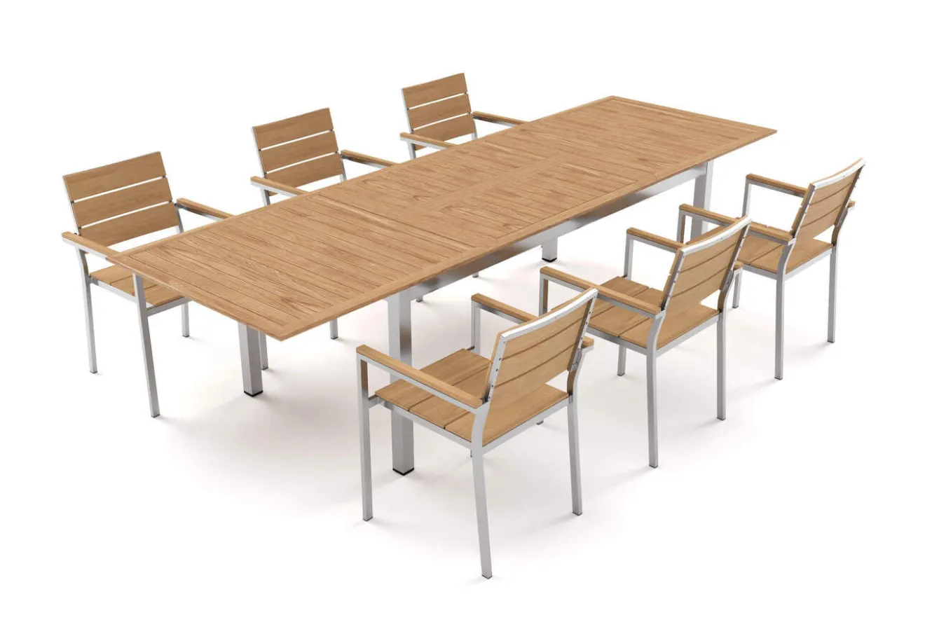 OUTFLEXX Falun Garten-Essgruppe mit 6 Sesseln, braun, Edelstahl/Teakholz, 200 x 100 cm ausziehbar, stapelbar, FSC®-zertifiziertes Produkt