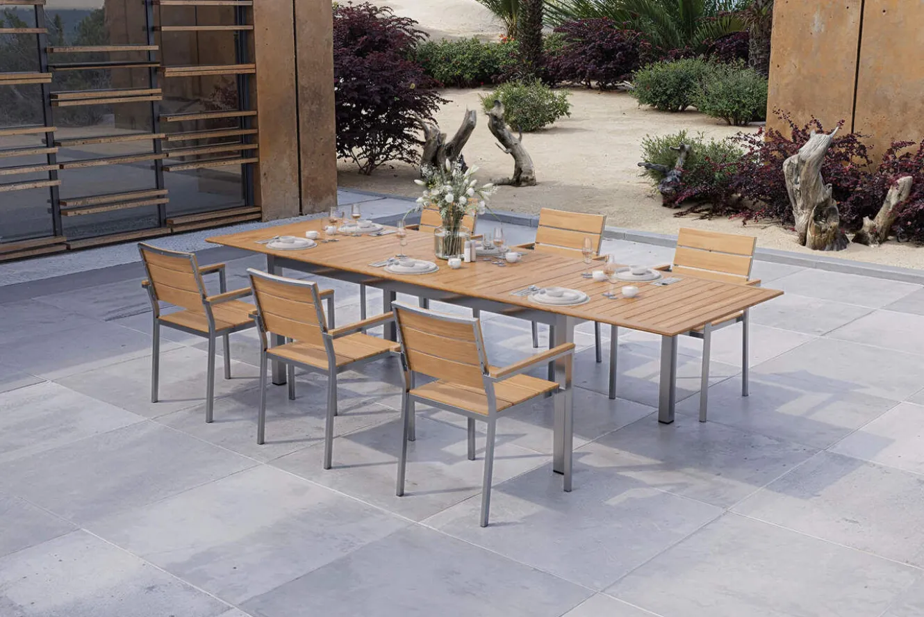 OUTFLEXX Falun Garten-Essgruppe mit 6 Sesseln, braun, Edelstahl/Teakholz, 200 x 100 cm ausziehbar, stapelbar, FSC®-zertifiziertes Produkt