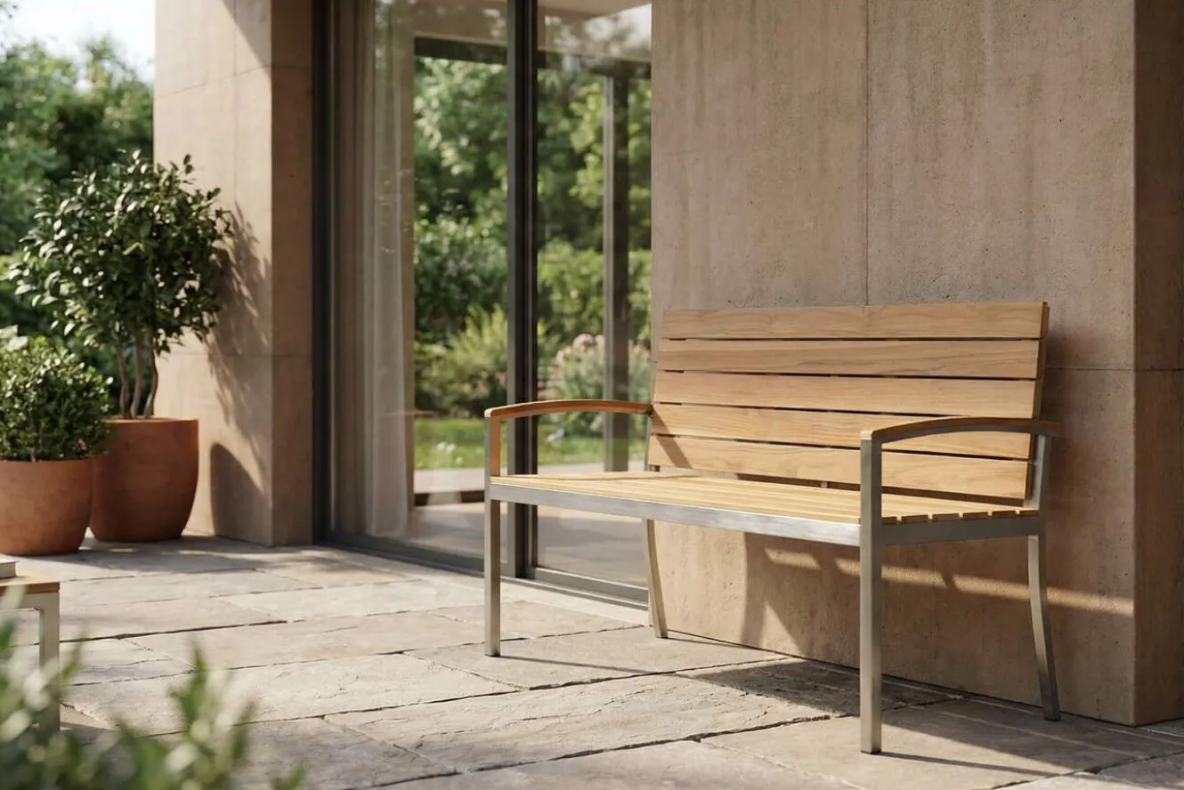 OUTFLEXX Gartenbank, Teakholz/Edelstahl, 2-Sitzer, 130x55x80cm, FSC®-zertifiziertes Produkt