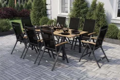 OUTFLEXX Garten-Essgruppe, anthrazit matt, Alu / Teak / Textil, Tisch 150/210x90cm, 8 Klappstühle