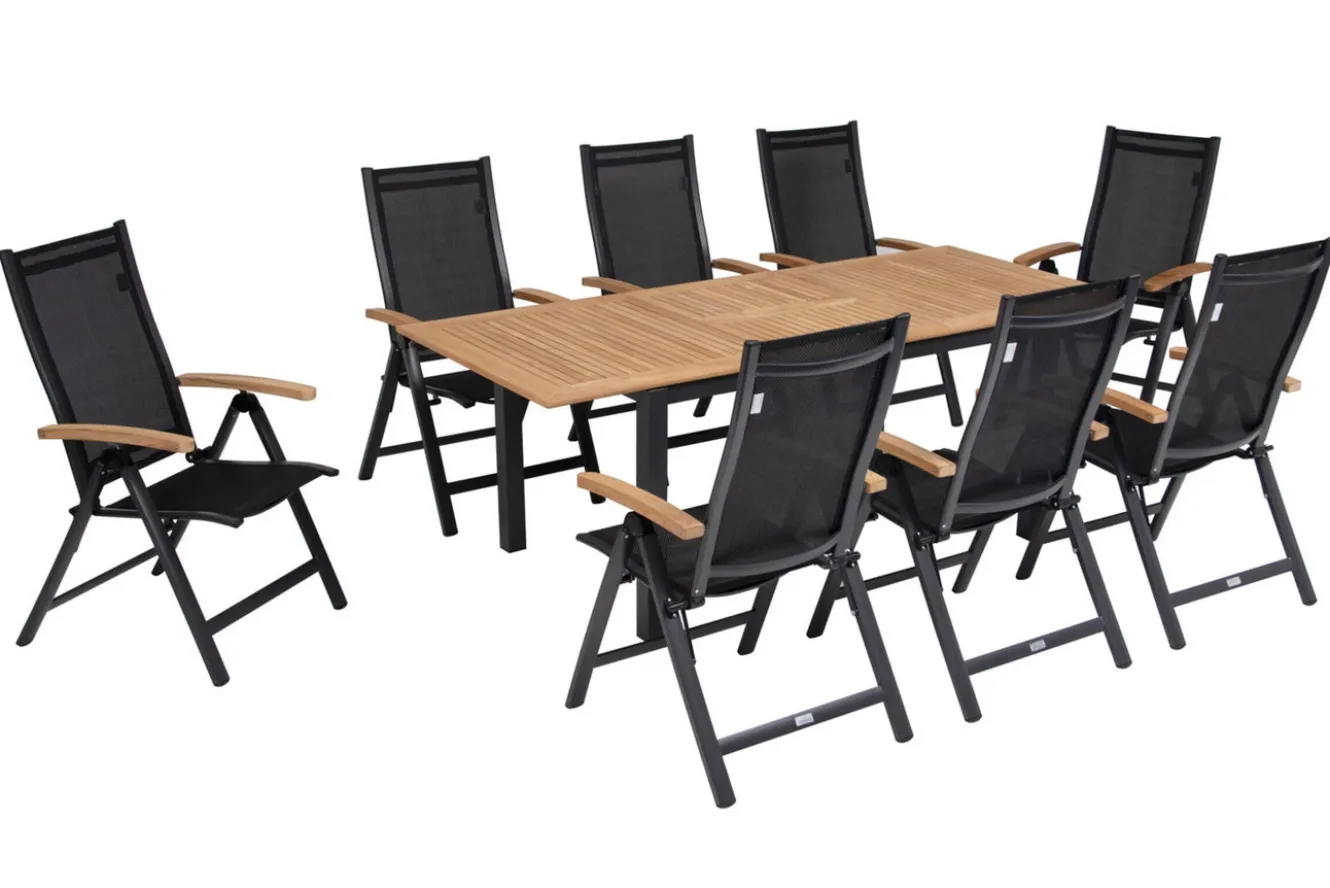 OUTFLEXX Garten-Essgruppe, anthrazit matt, Alu / Teak / Textil, Tisch 150/210x90cm, 8 Klappstühle