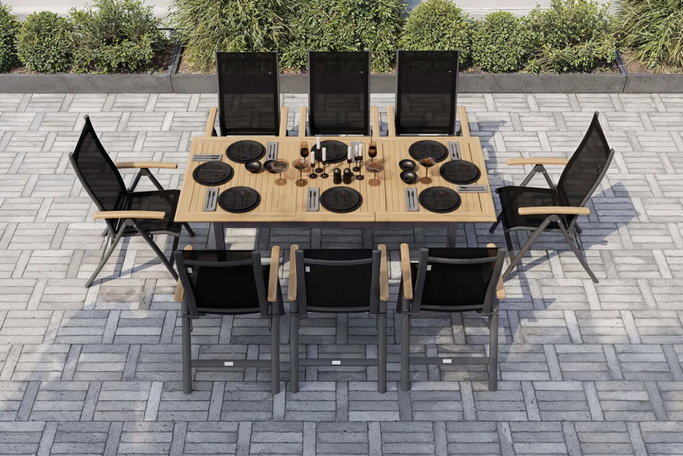 OUTFLEXX Garten-Essgruppe, anthrazit matt, Alu / Teak / Textil, Tisch 150/210x90cm, 8 Klappstühle