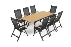 OUTFLEXX Garten-Essgruppe, anthrazit matt, Alu / Teak / Textil, Tisch 150/210x90cm, 8 Klappstühle