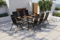 OUTFLEXX Garten-Essgruppe, anthrazit matt, Alu / Teak / Textil, Tisch 150/210x90cm, 8 Klappstühle