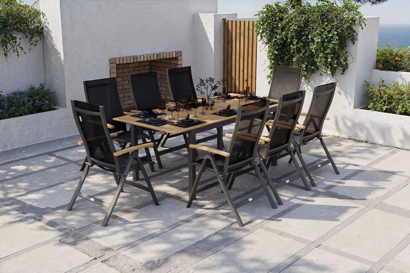 OUTFLEXX Garten-Essgruppe, anthrazit matt, Alu / Teak / Textil, Tisch 150/210x90cm, 8 Klappstühle