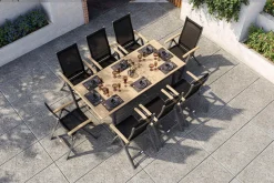 OUTFLEXX Garten-Essgruppe, anthrazit matt, Alu / Teak / Textil, Tisch 150/210x90cm, 8 Klappstühle