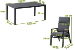 OUTFLEXX Garten-Essgruppe, anthrazit matt, Alu/Spraystone/Polyester, 160x95 cm, 4 Sessel, inkl. Polster