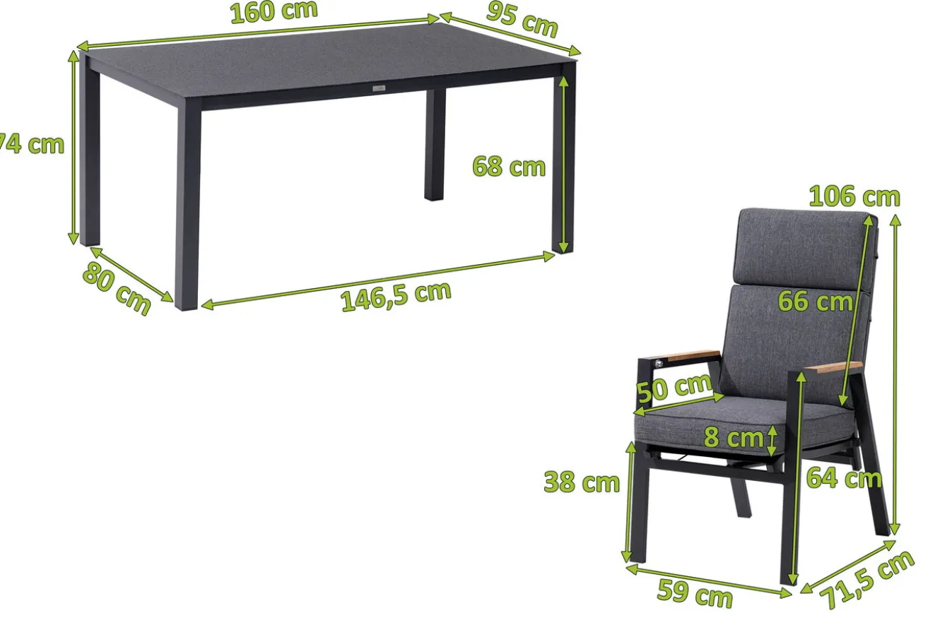 OUTFLEXX Garten-Essgruppe, anthrazit matt, Alu/Spraystone/Polyester, 160x95 cm, 4 Sessel, inkl. Polster