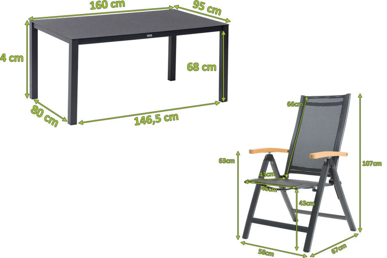 OUTFLEXX Garten-Essgruppe, anthrazit matt/grau/schwarz, Alu/Spraystone/Textilen, 160 x 95 cm, 4 Klappstühle