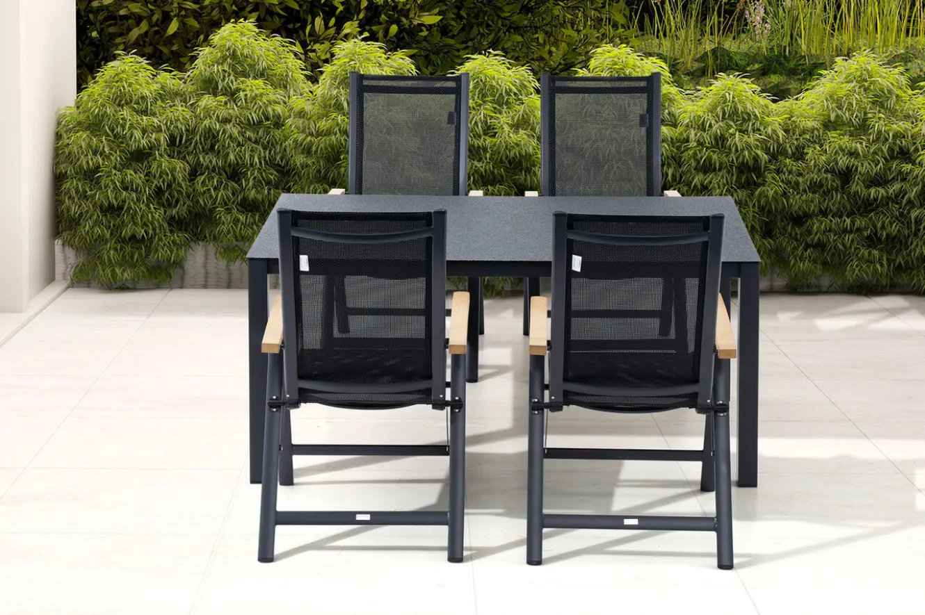 OUTFLEXX Garten-Essgruppe, anthrazit matt/grau/schwarz, Alu/Spraystone/Textilen, 160 x 95 cm, 4 Klappstühle