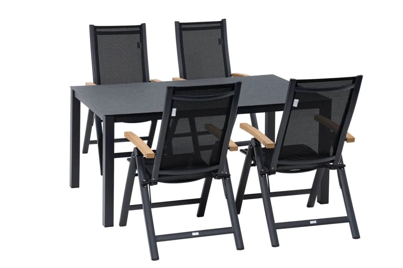 OUTFLEXX Garten-Essgruppe, anthrazit matt/grau/schwarz, Alu/Spraystone/Textilen, 160 x 95 cm, 4 Klappstühle