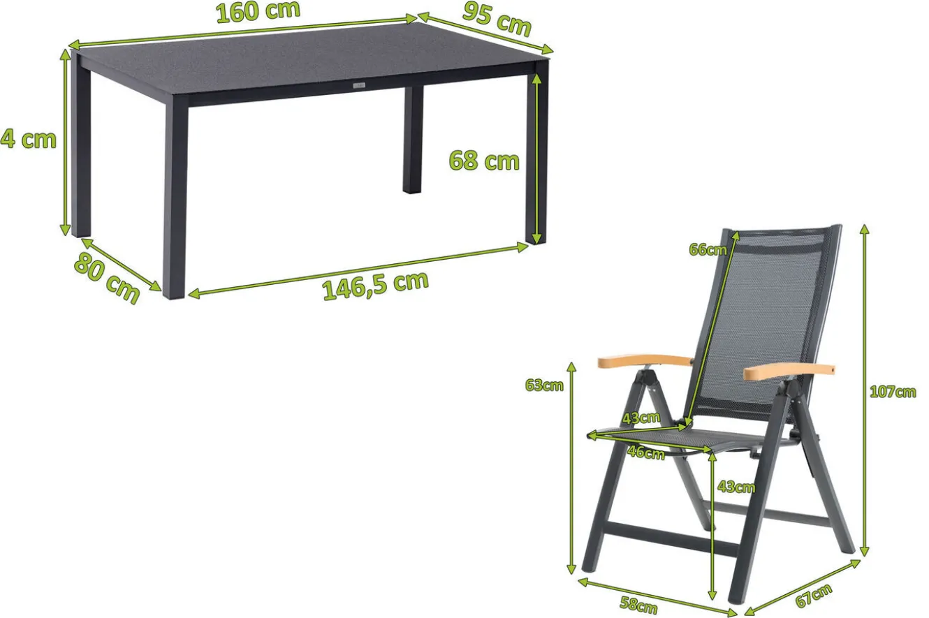 OUTFLEXX Garten-Essgruppe, anthrazit matt/grau/schwarz, Alu/Spraystone/Textilen, 160 x 95 cm, 4 Klappstühle