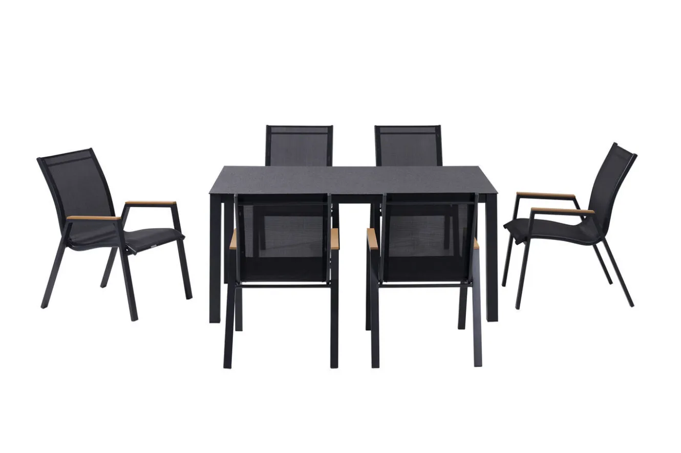 OUTFLEXX Garten-Essgruppe, anthrazit matt/schwarz, Alu/Spraystone/Textilen, 160x95 cm, 6 Stapelstühle