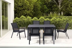 OUTFLEXX Garten-Essgruppe, anthrazit matt/schwarz, Alu/Spraystone/Textilen, 160x95 cm, 6 Stapelstühle