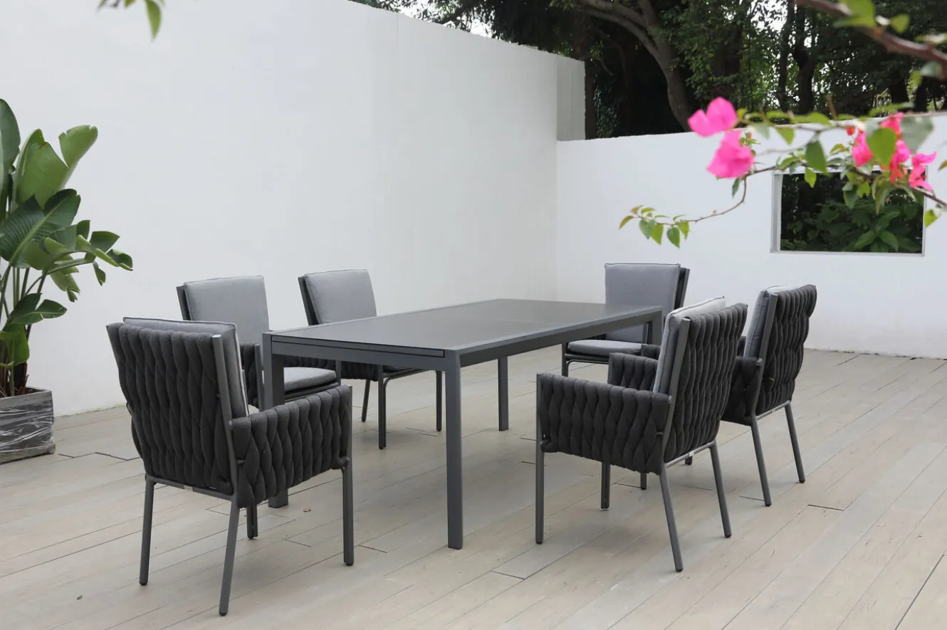 OUTFLEXX Garten-Essgruppe, anthrazit, Alu, Ausziehtisch 180/270x100 cm, 6 Diningsessel