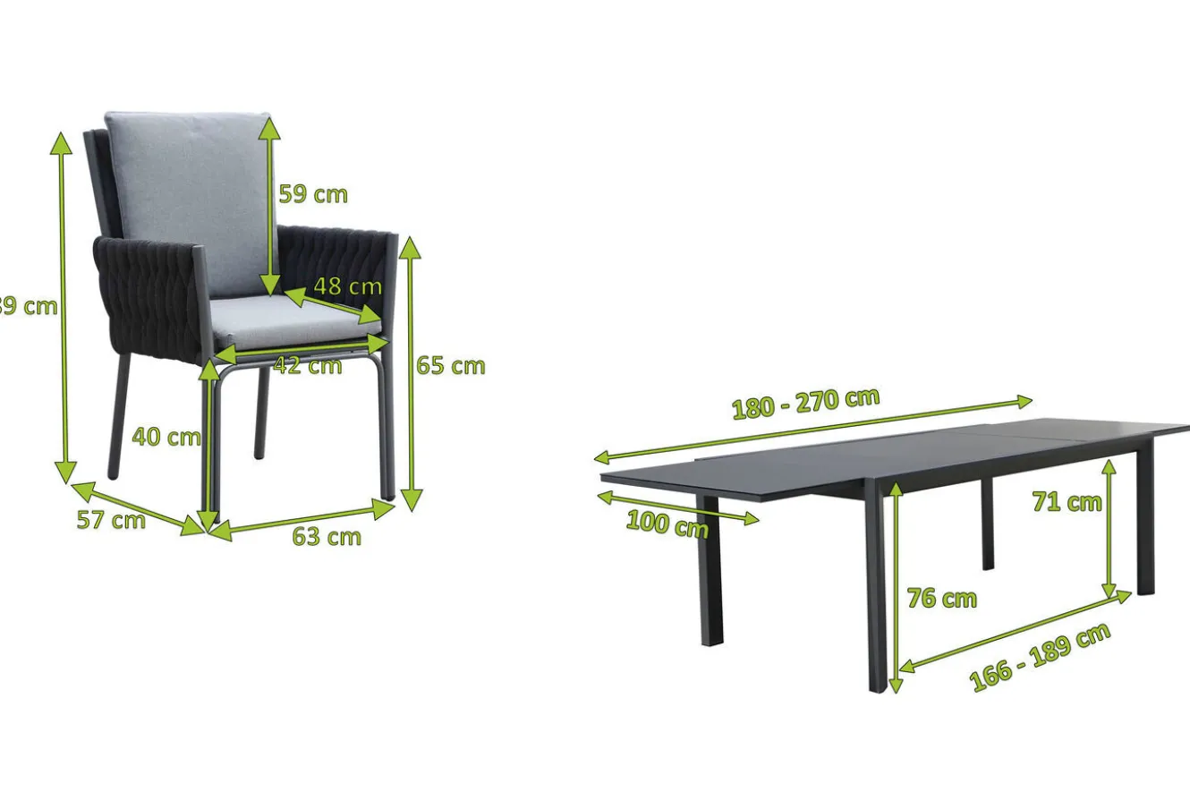 OUTFLEXX Garten-Essgruppe, anthrazit, Alu, Ausziehtisch 180/270x100 cm, 6 Diningsessel