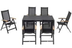 OUTFLEXX Garten-Essgruppe, anthrazit matt, Alu/Spraystone/Textilen, 160x95 cm, 6 Klappstühle, Teak Armlehnen