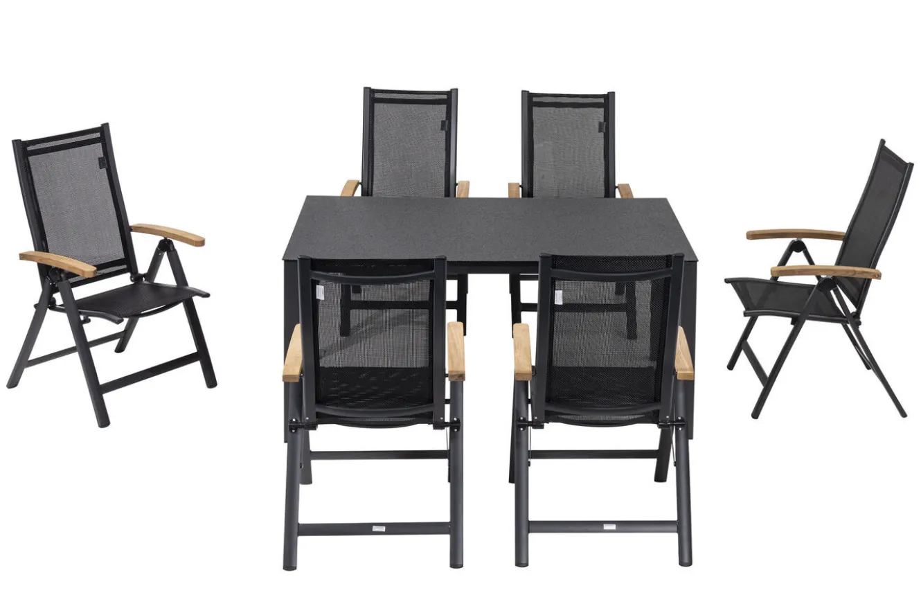 OUTFLEXX Garten-Essgruppe, anthrazit matt, Alu/Spraystone/Textilen, 160x95 cm, 6 Klappstühle, Teak Armlehnen