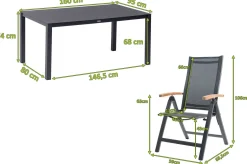 OUTFLEXX Garten-Essgruppe, anthrazit matt, Alu/Spraystone/Textilen, 160x95 cm, 6 Klappstühle, Teak Armlehnen