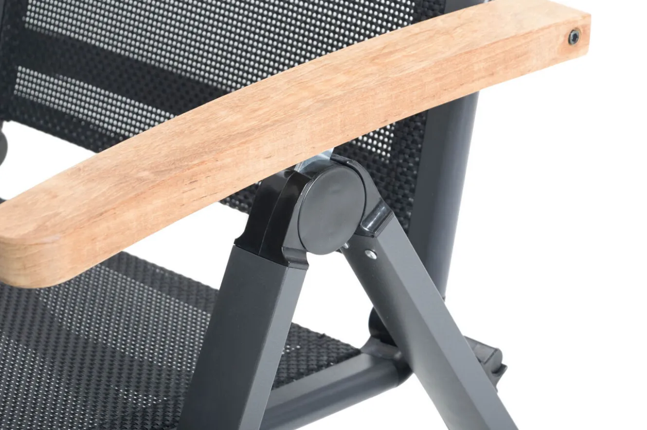 OUTFLEXX Garten-Essgruppe, anthrazit matt, Alu/Spraystone/Textilen, 160x95 cm, 6 Klappstühle, Teak Armlehnen