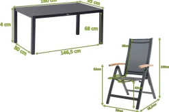 OUTFLEXX Garten-Essgruppe, anthrazit matt, Alu/Spraystone/Textilen, 160x95 cm, 6 Klappstühle, Teak Armlehnen