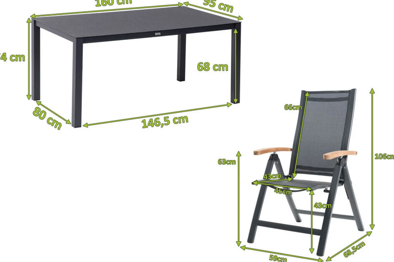 OUTFLEXX Garten-Essgruppe, anthrazit matt, Alu/Spraystone/Textilen, 160x95 cm, 6 Klappstühle, Teak Armlehnen