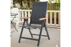 OUTFLEXX Garten-Essgruppe, anthrazit matt, Alu/Spraystone/Textilen, 160x95 cm, 6 Klappstühle, Teak Armlehnen