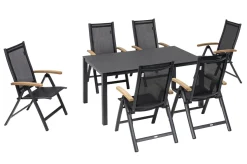 OUTFLEXX Garten-Essgruppe, anthrazit matt, Alu/Spraystone/Textilen, 160x95 cm, 6 Klappstühle, Teak Armlehnen