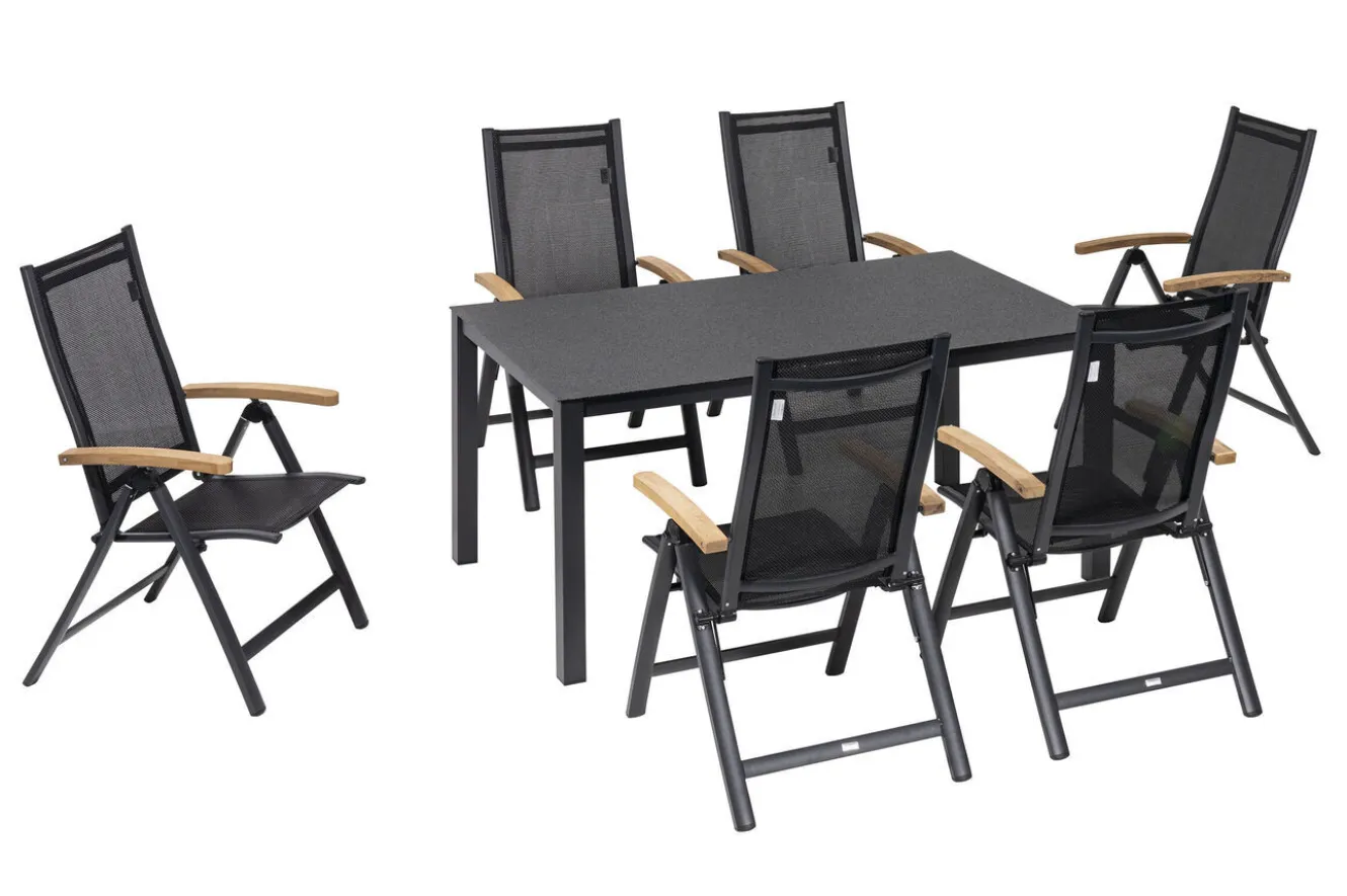 OUTFLEXX Garten-Essgruppe, anthrazit matt, Alu/Spraystone/Textilen, 160x95 cm, 6 Klappstühle, Teak Armlehnen