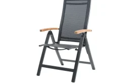 OUTFLEXX Garten-Essgruppe, anthrazit matt, Alu/Spraystone/Textilen, 160x95 cm, 6 Klappstühle, Teak Armlehnen