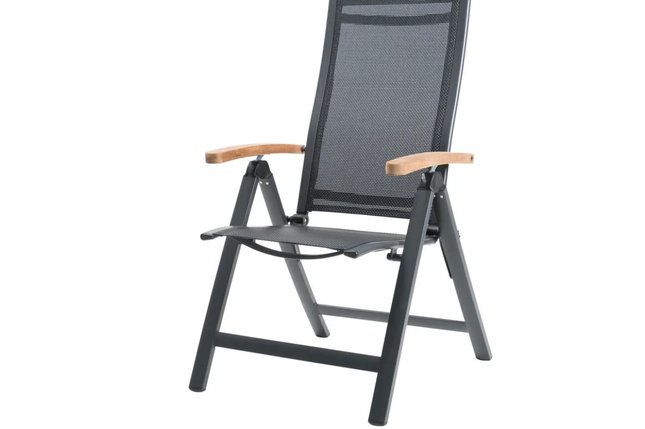 OUTFLEXX Garten-Essgruppe, anthrazit matt, Alu/Spraystone/Textilen, 160x95 cm, 6 Klappstühle, Teak Armlehnen