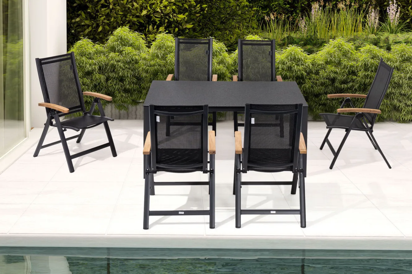 OUTFLEXX Garten-Essgruppe, anthrazit matt, Alu/Spraystone/Textilen, 160x95 cm, 6 Klappstühle, Teak Armlehnen
