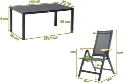 OUTFLEXX Garten-Essgruppe, anthrazit matt/grau/schwarz, Alu/Spraystone/Textilen, 160 x 95 cm, 6 Klappstühle