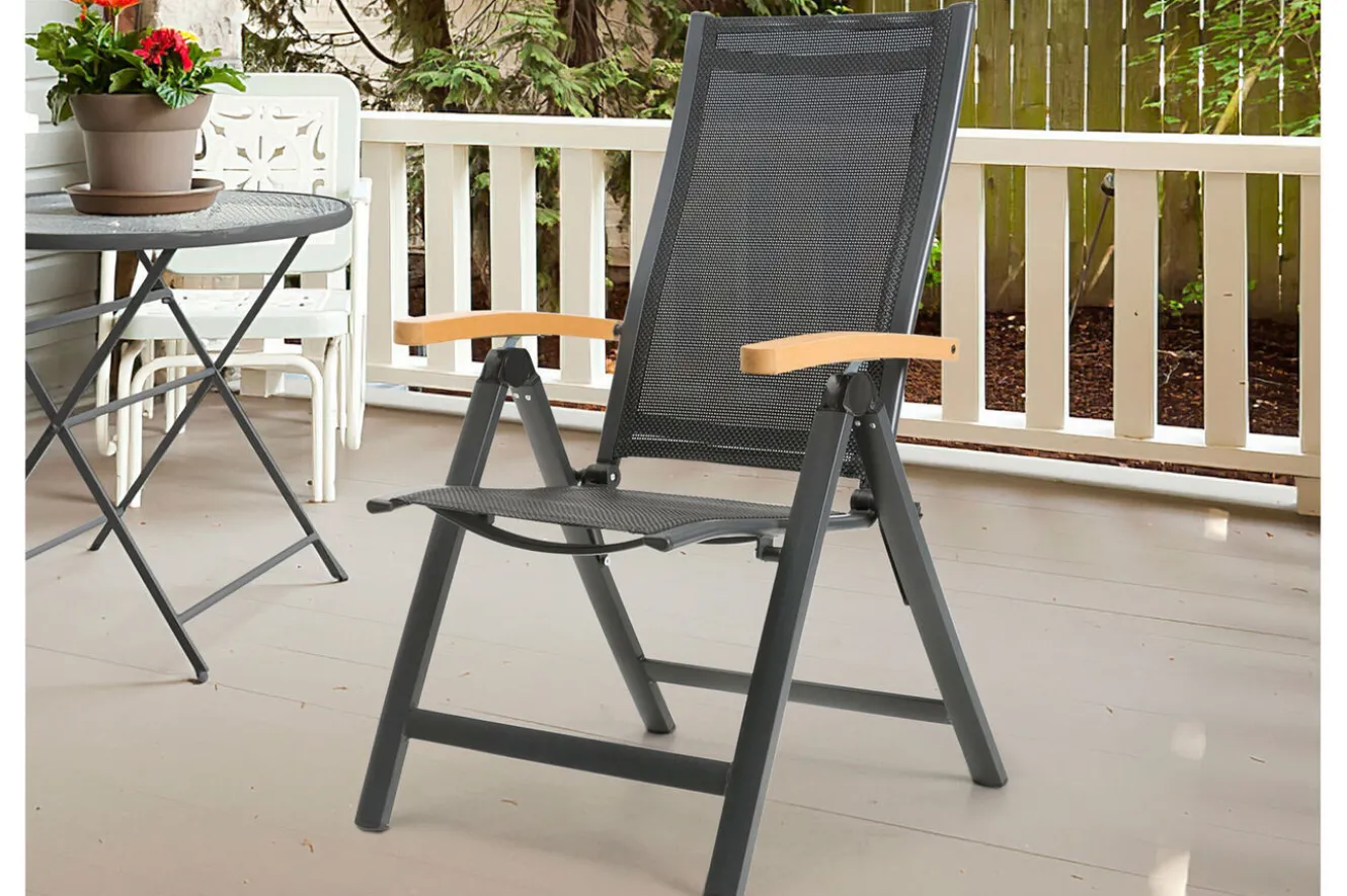 OUTFLEXX Garten-Essgruppe, anthrazit matt/grau/schwarz, Alu/Spraystone/Textilen, 160 x 95 cm, 6 Klappstühle
