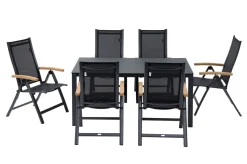 OUTFLEXX Garten-Essgruppe, anthrazit matt/grau/schwarz, Alu/Spraystone/Textilen, 160 x 95 cm, 6 Klappstühle