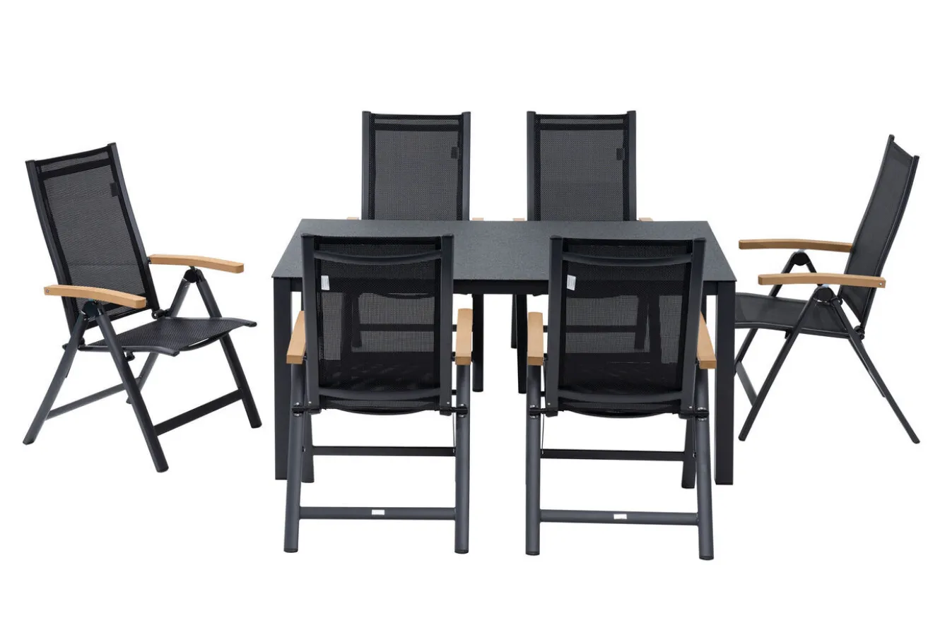OUTFLEXX Garten-Essgruppe, anthrazit matt/grau/schwarz, Alu/Spraystone/Textilen, 160 x 95 cm, 6 Klappstühle