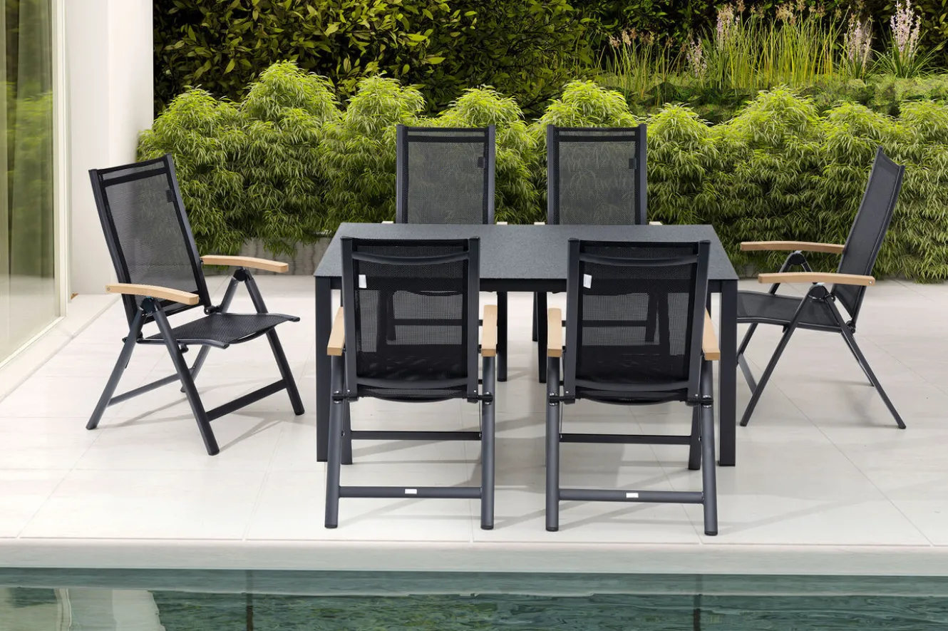 OUTFLEXX Garten-Essgruppe, anthrazit matt/grau/schwarz, Alu/Spraystone/Textilen, 160 x 95 cm, 6 Klappstühle