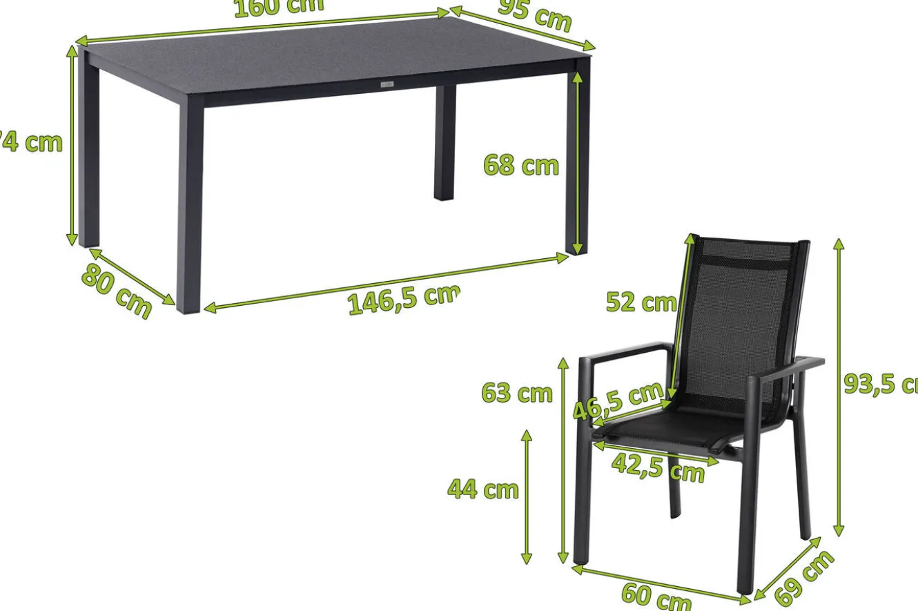 OUTFLEXX Garten-Essgruppe, anthrazit matt, Alu/Spraystone/Textilen, 160x95 cm, 4 Stapelsessel