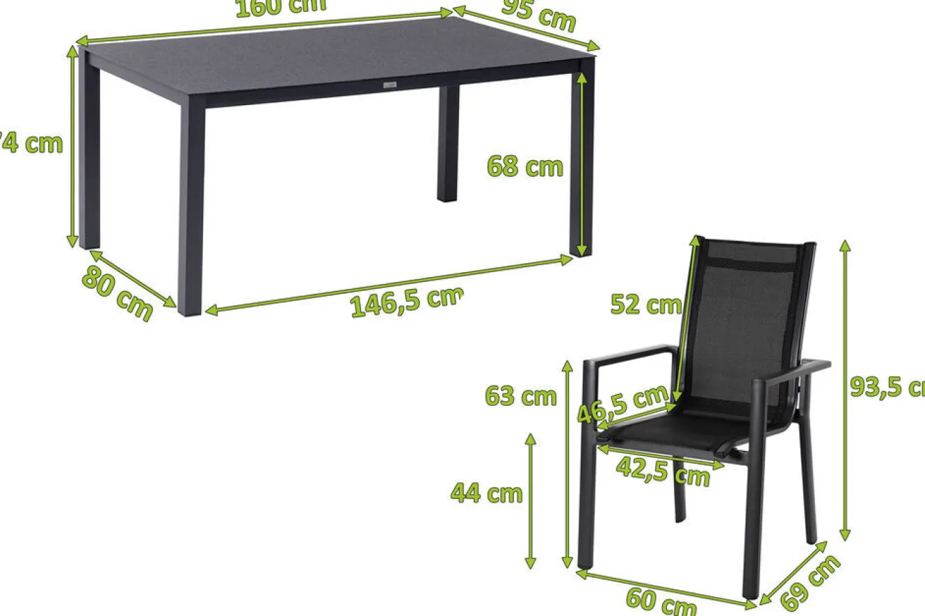 OUTFLEXX Garten-Essgruppe, anthrazit matt, Alu/Spraystone/Textilen, 160x95 cm, 4 Stapelsessel